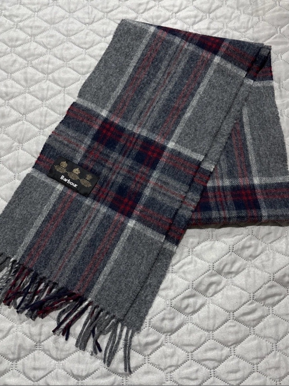 Barbour Gray Plaid tartan scarf lambswool